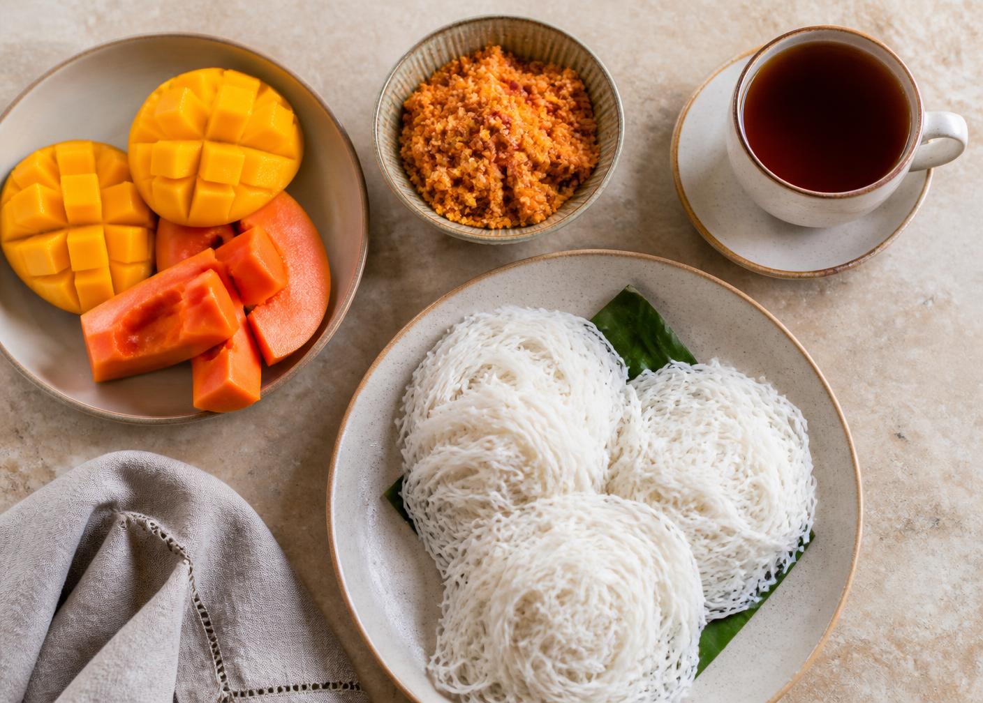 Sri Lankan breakfast spread photographed from above