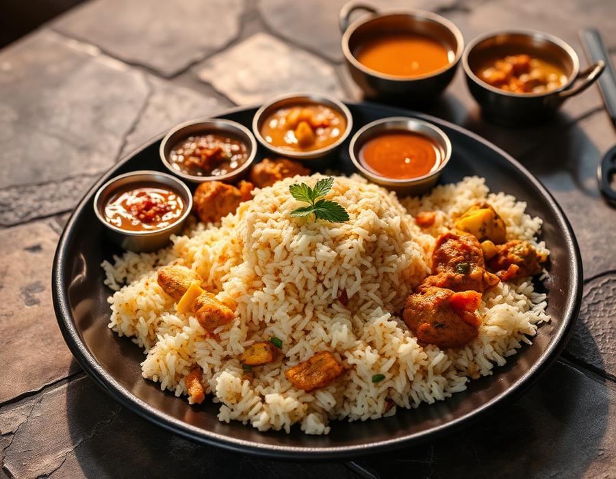 Sri Lankan rice and curry plated for service