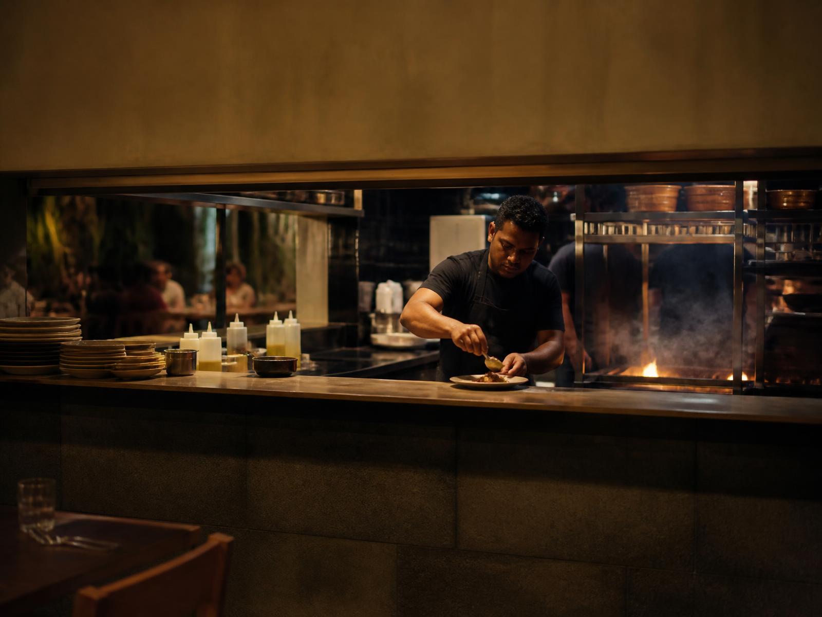 Chef plating at the open pass of an independent restaurant under warm night light