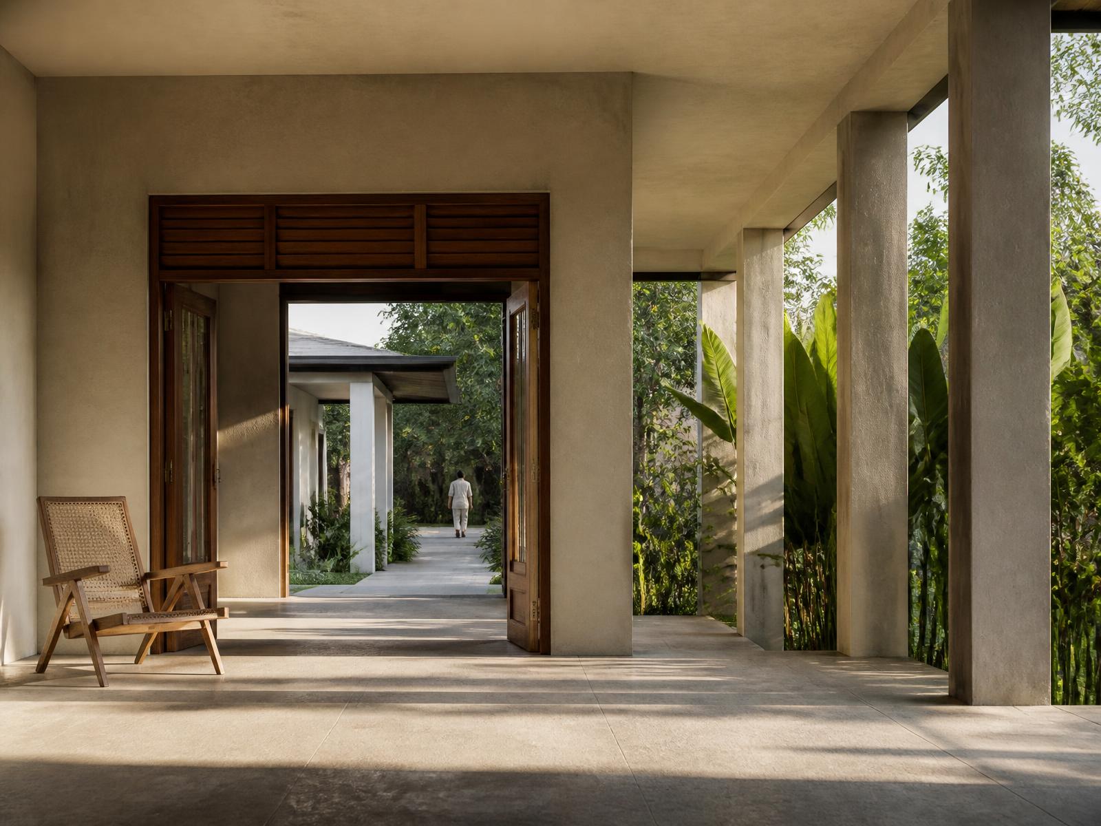 Veranda of a contemporary boutique property with teak doors, lime plaster and tropical planting