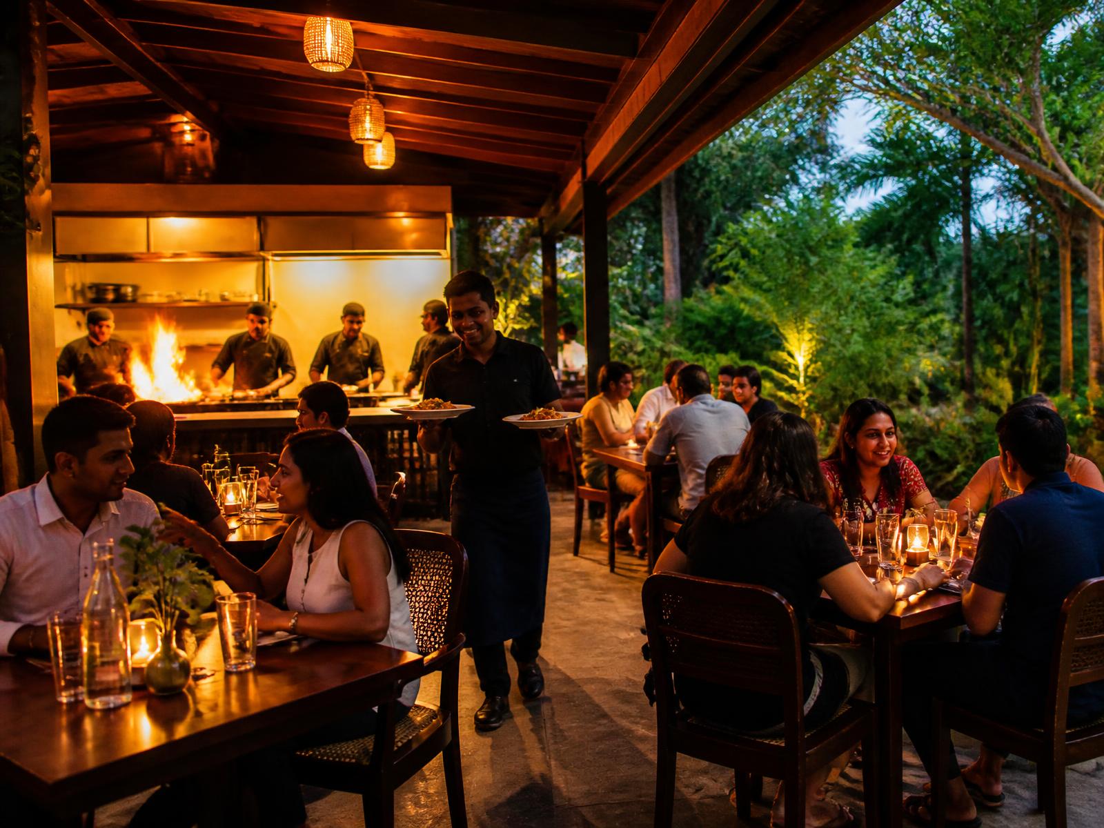 Sample restaurant website: dining room in the evening