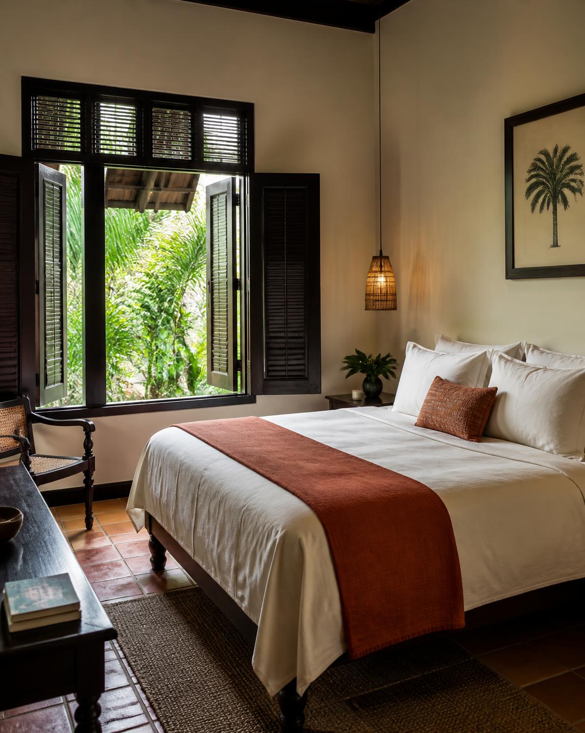 Guest room with timber shutters and morning light